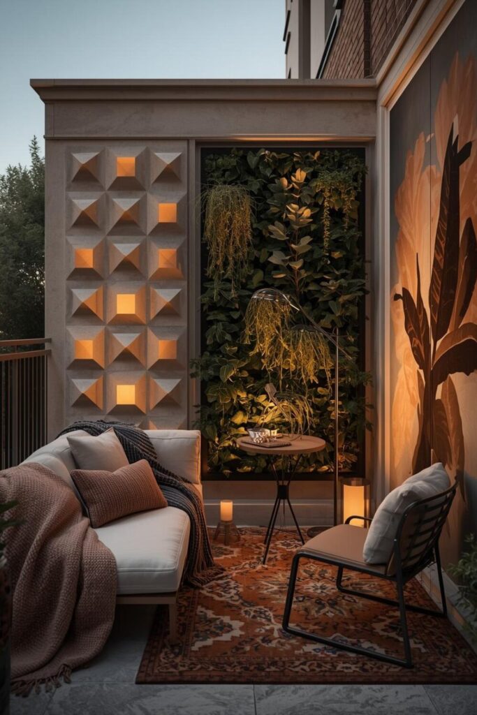 “Small balcony with cozy textiles and a unique, artistic wall design, perfect for a stylish and relaxing outdoor space.”