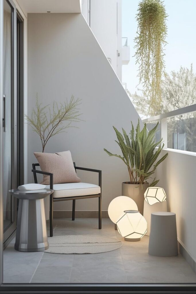 Small balcony with unique lighted plant pots, cozy seating, and stylish minimal decor, perfect for a relaxing outdoor space.