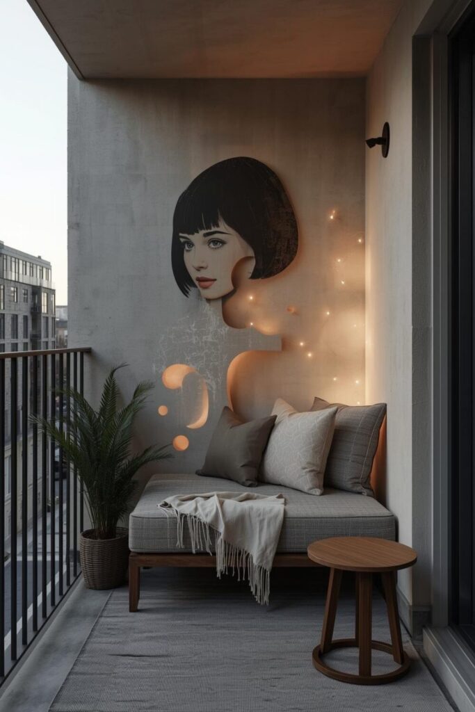 Small balcony with 3D girl wall art, ambient lighting, cozy seating, and corner plant for a stylish and unique outdoor space.”