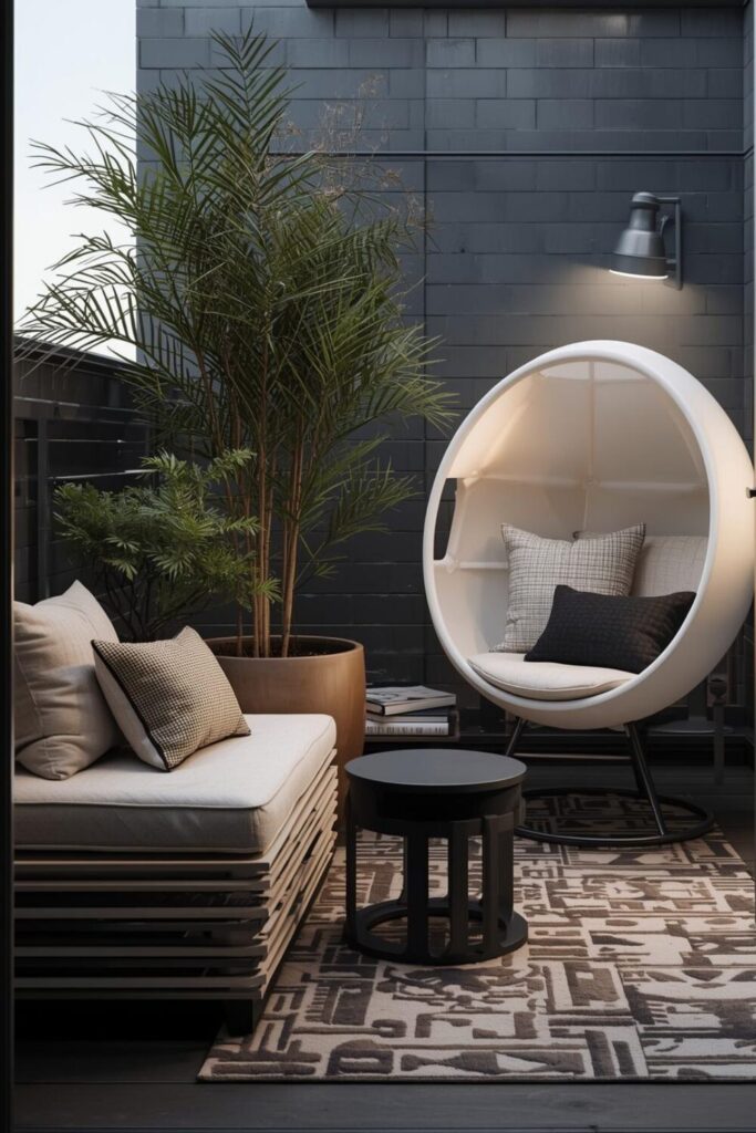 Small balcony with unique bubble chair and layered graphic seating, multi-functional furniture, cozy textiles, and stylish minimal decor