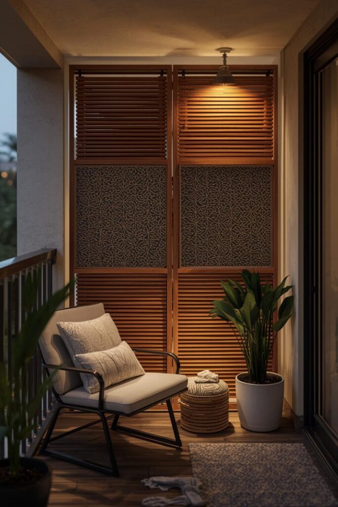 “Small balcony with a decorative privacy screen, cozy seating, potted plants, and ambient lighting for a stylish and private outdoor space.