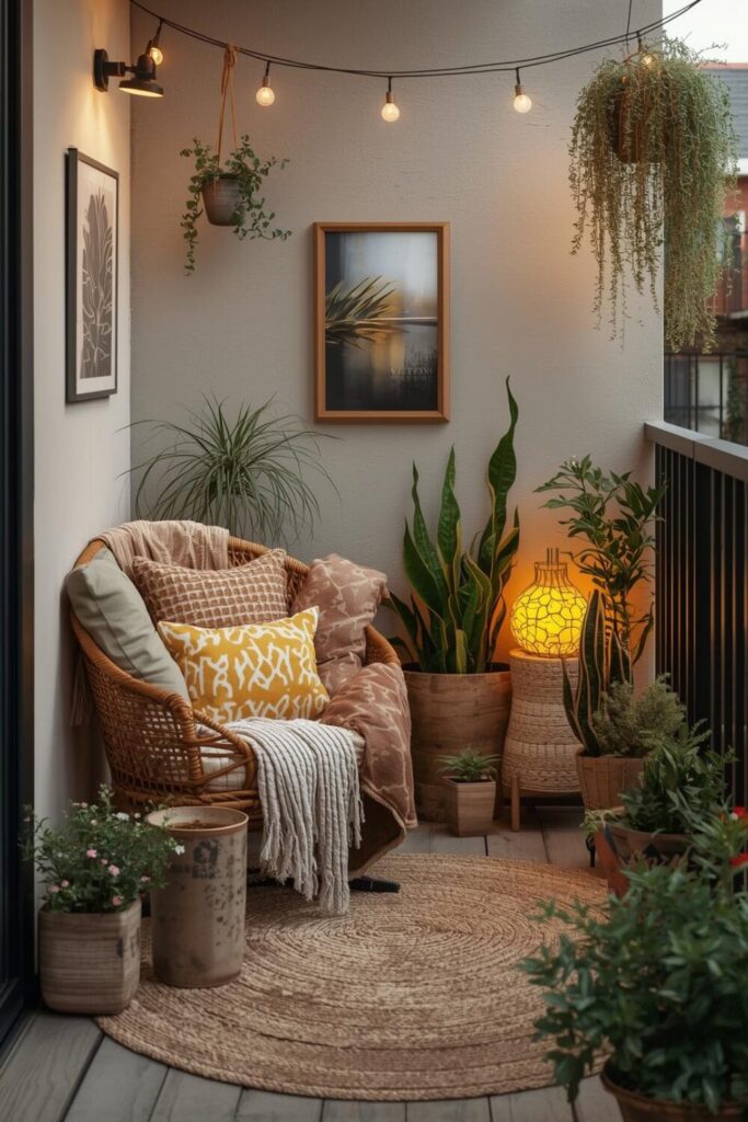 uSmall balcony makeover with cozy seating, soft textiles, unique plant pots, and stylish decor for a compact outdoor space.