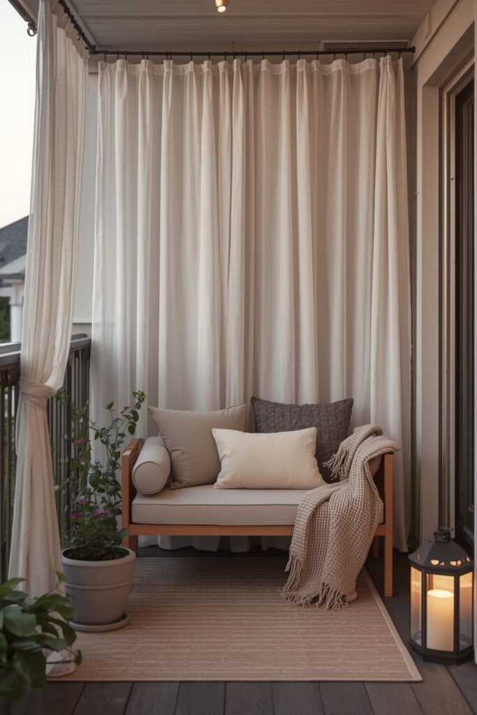 Small balcony with flowing outdoor curtains, cozy seating, potted plants, and ambient lighting for a stylish and private outdoor space