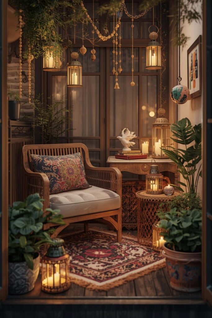 Small balcony with cozy seating, decorative accessories, potted plants, and ambient lighting for a stylish and inviting outdoor space