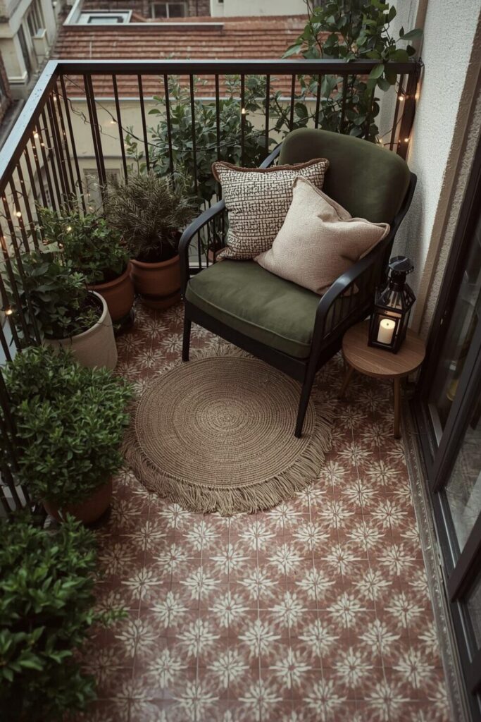 “Small balcony with creative patterned or textured flooring, cozy seating, potted plants, and ambient lighting for a stylish outdoor space.