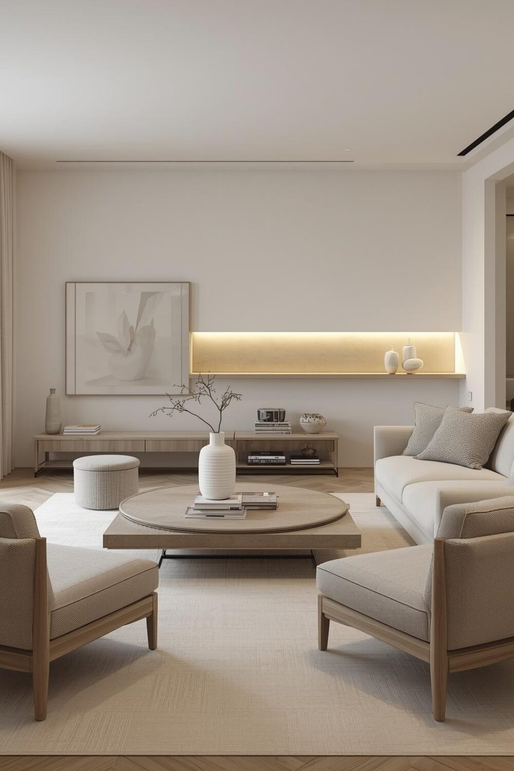 “Modern minimalist home decor with sleek furniture, neutral colors, minimal accents, and calm, open space.”