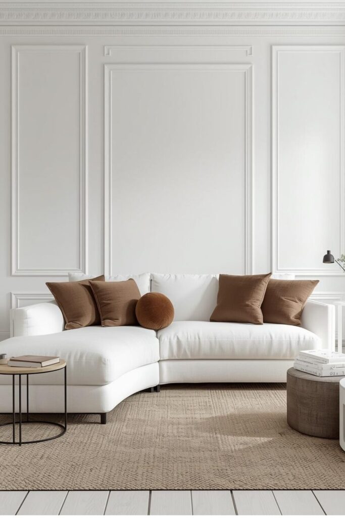 “Minimalist living room with white walls and simple furniture for a clean, airy vibe”