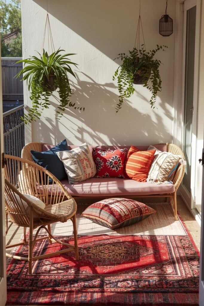 Bohemian balcony with layered textures, plants, and vibrant colors”