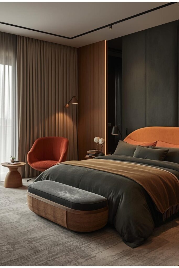 Japandi style bedroom with natural wood and muted tones for calm and elegance