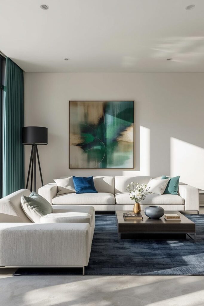 Modern contemporary living room with bold accents and sleek furniture