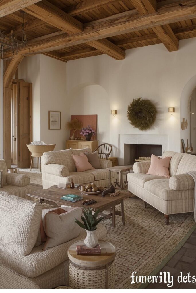 Rustic farmhouse living room with wood beams and cozy textiles