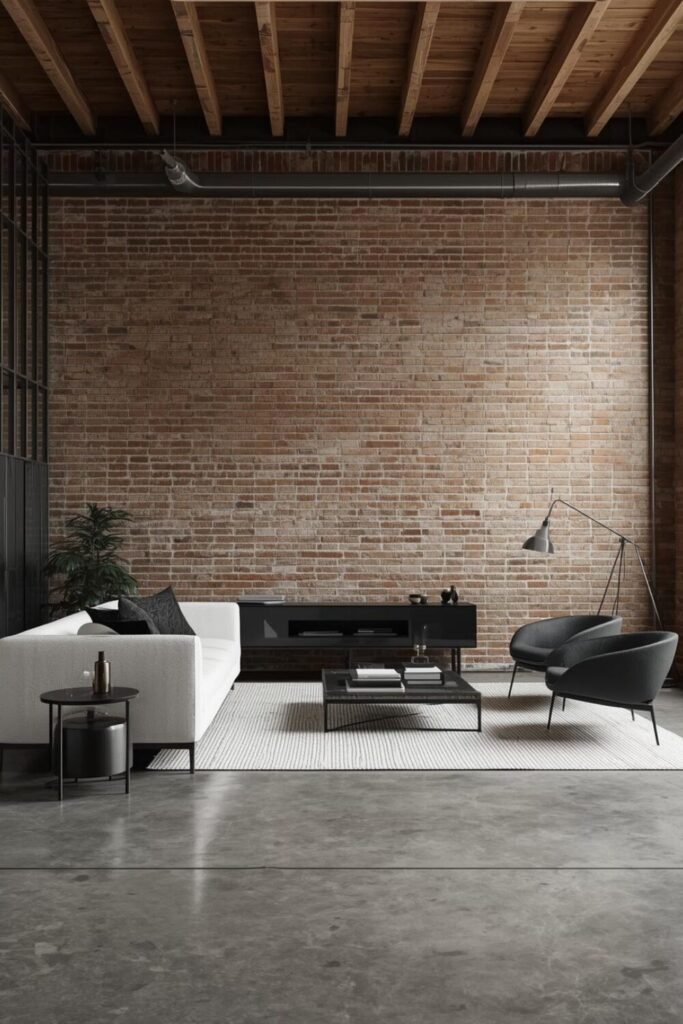 Industrial living room with exposed bricks and metal fixtures for edgy design