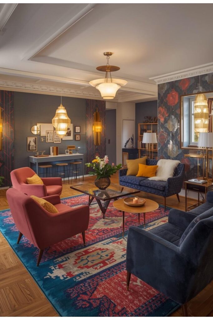 Mid-century modern living room with retro furniture and vibrant accents