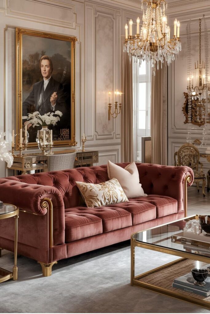 Glamorous luxury living room with gold accents and elegant furnishings