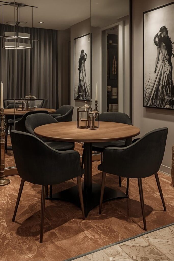 Small modern dining area with full mirror wall, dark 4-seater chairs, earthy tiles, antique decor accents and framed girl back view artwork.