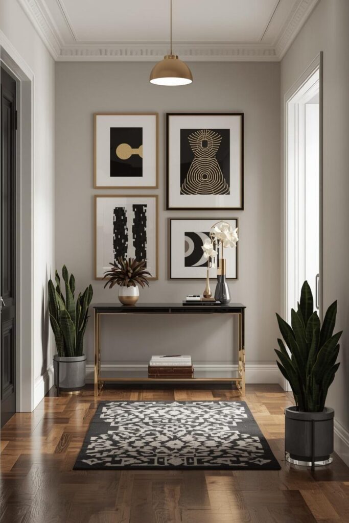 "Elegant small home entryway in Art Deco style with gallery wall, gold and black accents, stylish console table, geometric rug, and ambient lighting – perfect inspiration for your living space makeover
