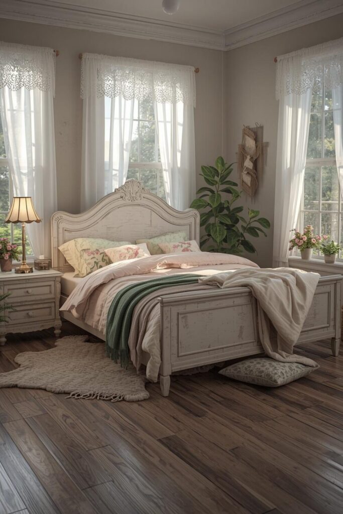 "Cozy Shabby Chic bedroom with distressed white wooden bed, floral bedding, pastel colors, vintage nightstands, lace curtains, soft rug, and indoor plants – charming and inviting home decor inspiration."