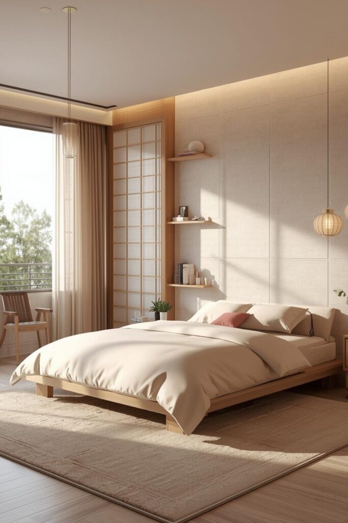 "Asian Zen-inspired teenage girl bedroom with low wooden bed, pastel pink accents, tatami-style rug, bonsai plants, bamboo details, and calming minimalist decor."