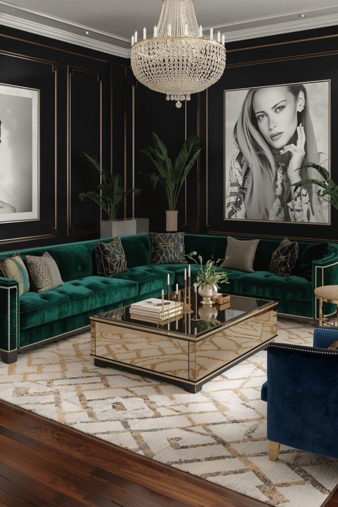 "Luxurious Hollywood Regency living room with velvet jewel-toned sofa, mirrored coffee table, gold accents, geometric rug, glamorous chandelier, and elegant artwork – chic and stylish home decor inspiration."