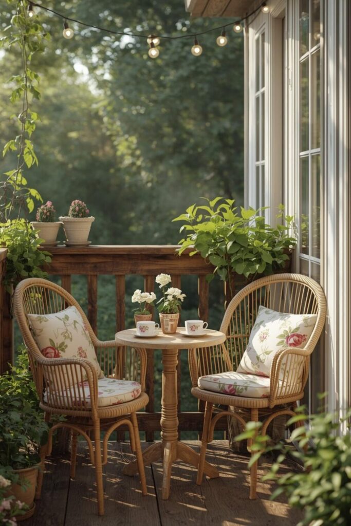 "Cozy Cottagecore balcony with rustic wooden furniture, floral cushions, hanging fairy lights, potted flowers, wicker chairs with blankets, and climbing vines – charming and whimsical home decor inspiration."