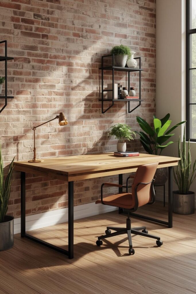 Industrial Farmhouse home office with reclaimed wooden desk, exposed brick wall, metal shelving, vintage lamp, leather chair, rustic floors, and indoor plants – stylish and functional workspace inspiration."