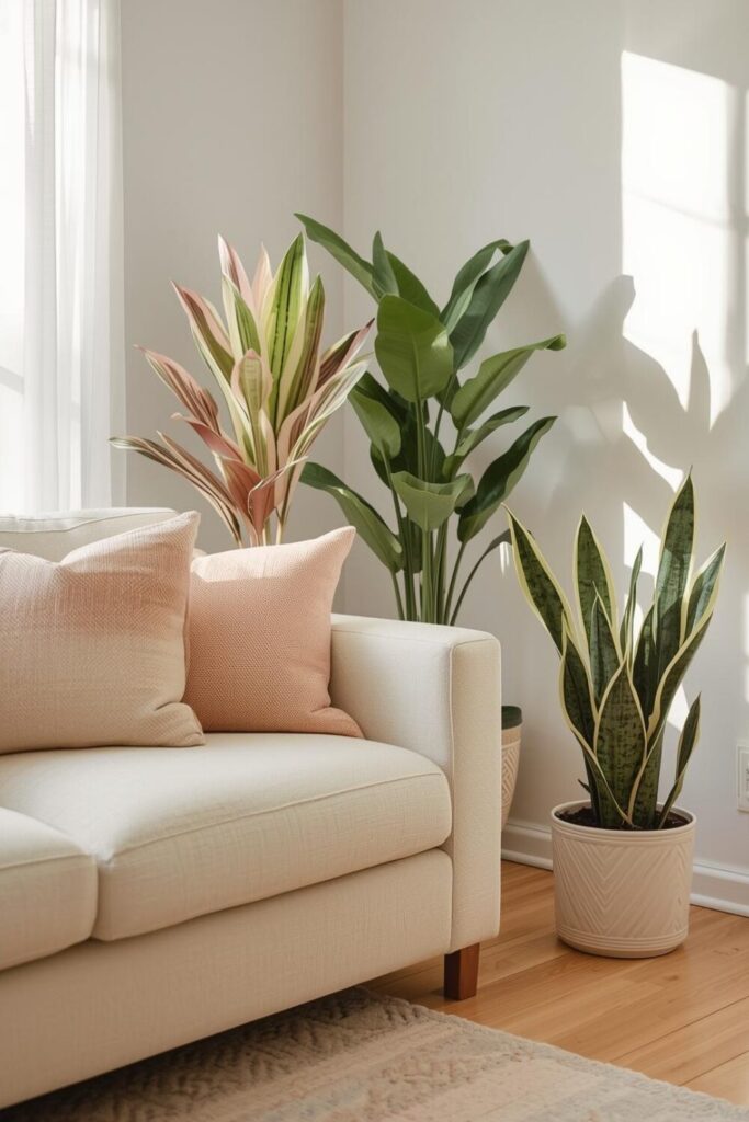 Living room decorated with indoor plants for spring freshness
