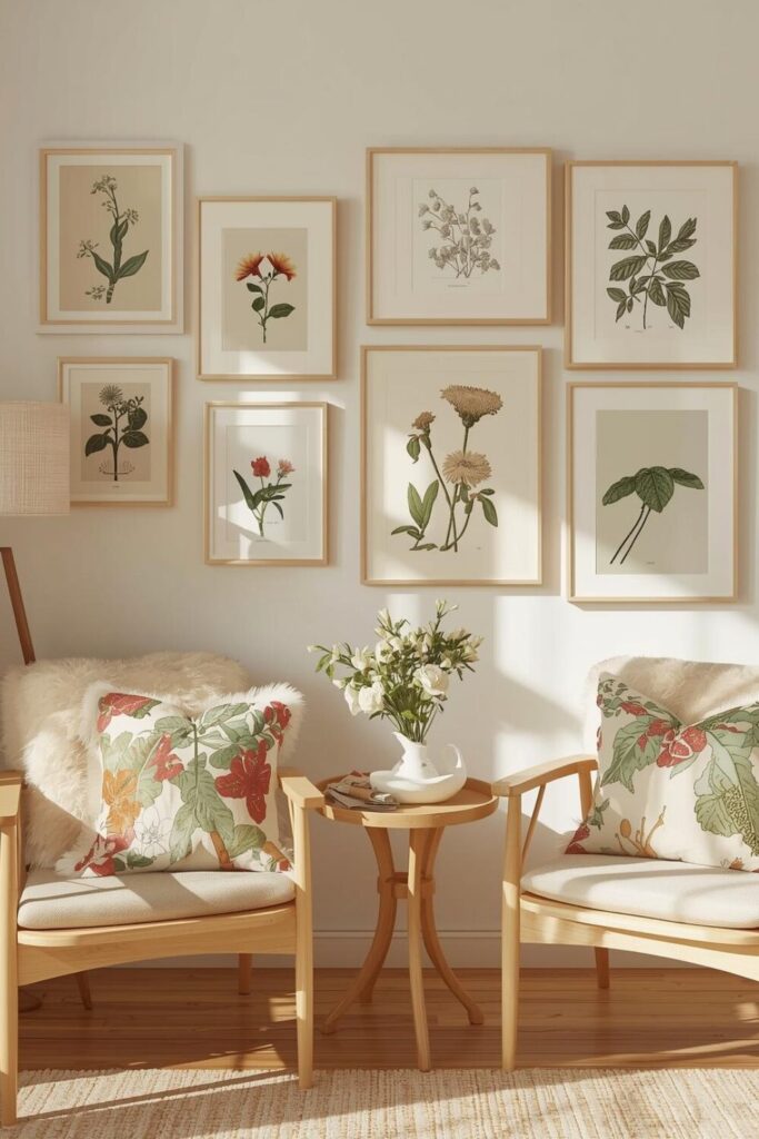 "Wall adorned with botanical art prints and spring-inspired décor"