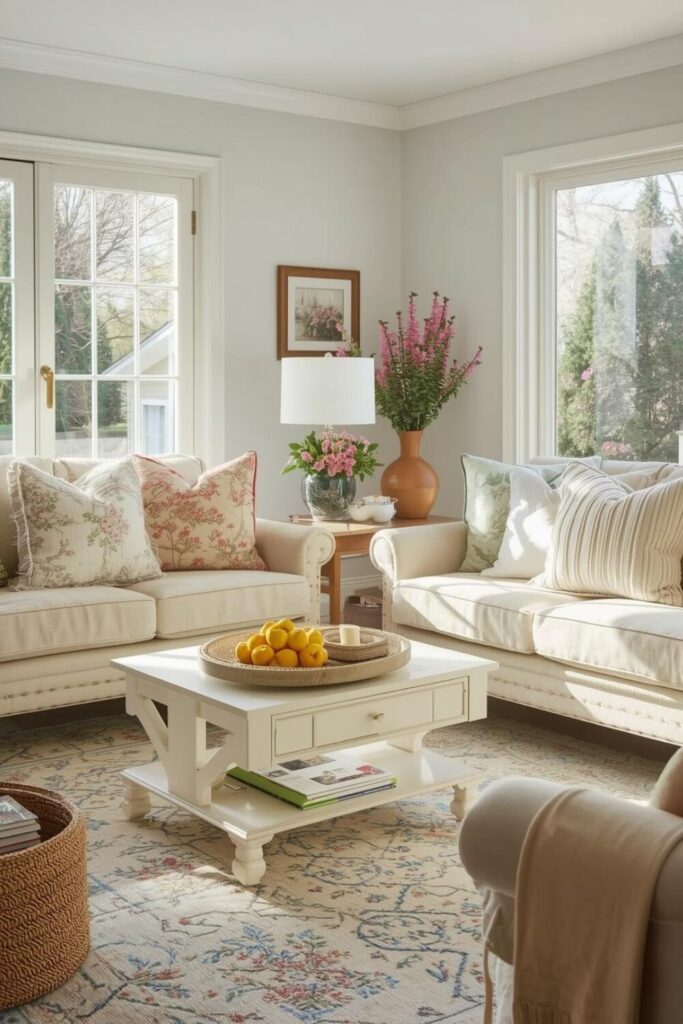 Cozy spring living room with light wooden furniture and pastel accents