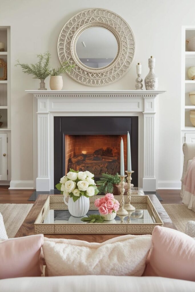 "Living room with spring-themed artwork and pastel décor"