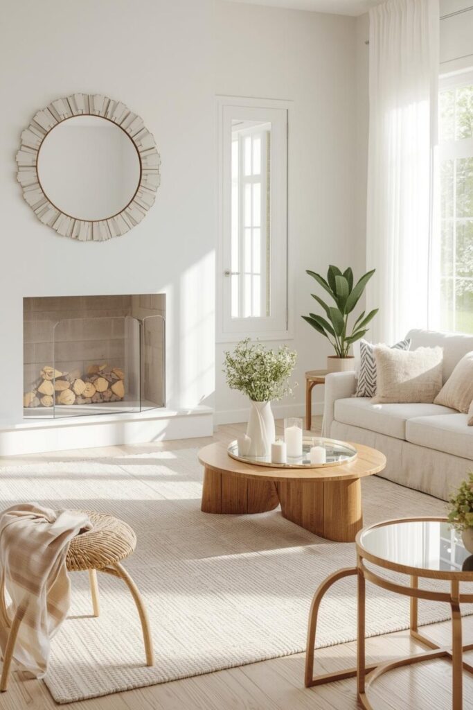 : "Living room with mirrors and reflective décor for spring brightness"