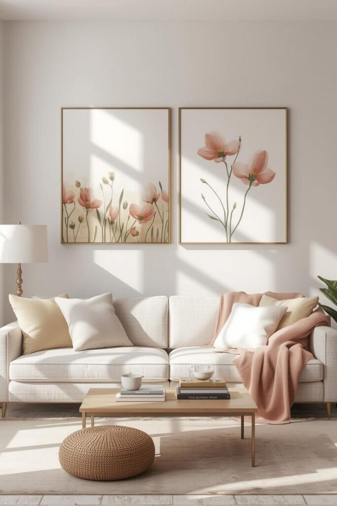 "Living room with spring-themed artwork and pastel décor"