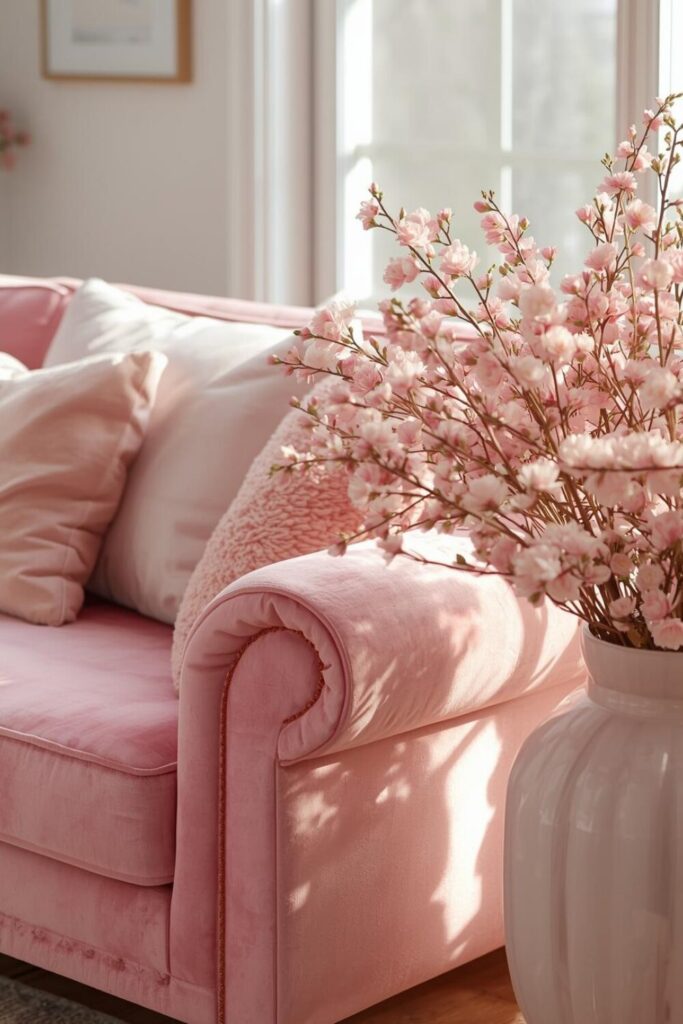 "Sofa with spring-inspired throws and cushions"