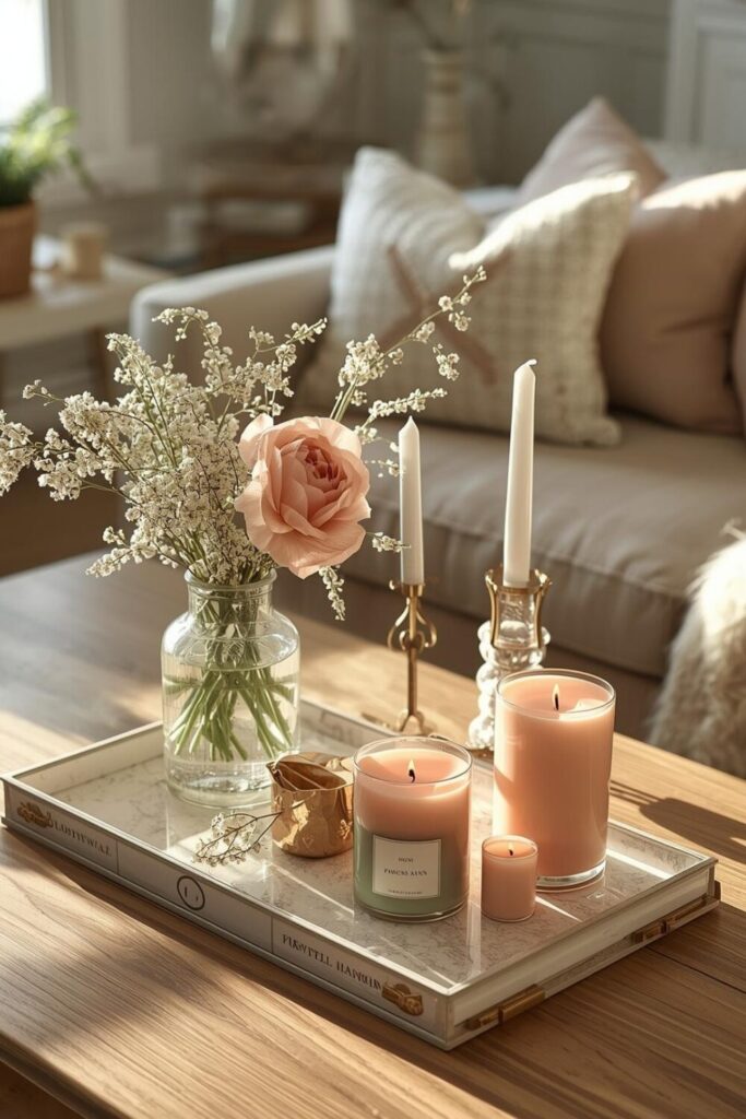 "Pastel scented candles adding a spring vibe to the living room"