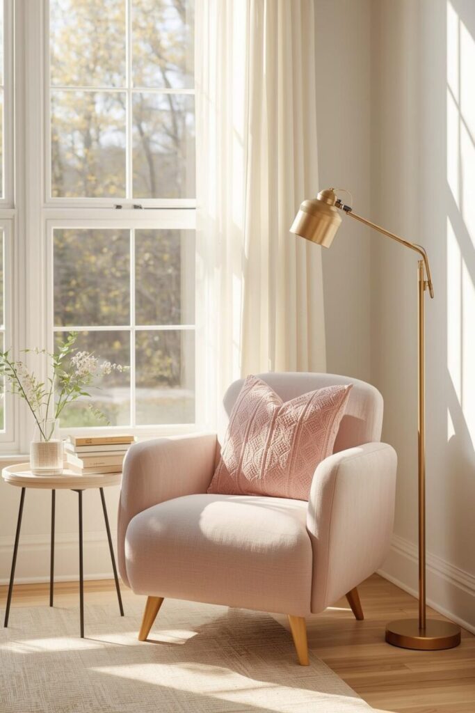 "Sunny reading nook with cozy chair and spring décor"