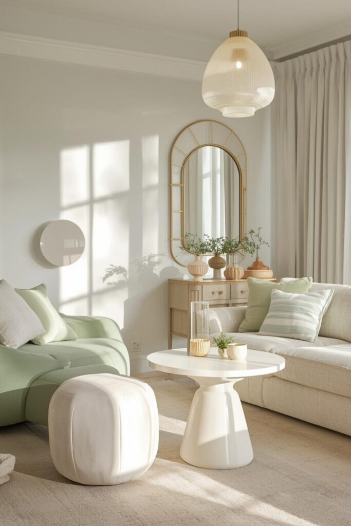 Bright living room with spring-inspired lighting and pastel décor