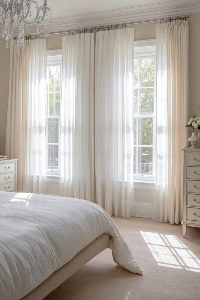 "Bedroom with sheer curtains allowing natural light in, spring-inspired décor"