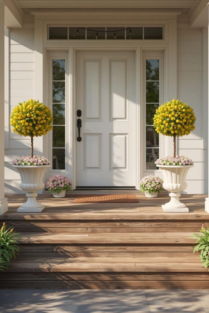 Full spring porch with lemon topiaries, potted flowers, and cozy bench.