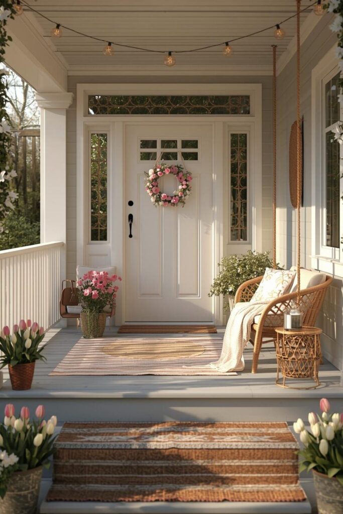 Full porch with boho rug, bench next to door, potted flowers in corners.
