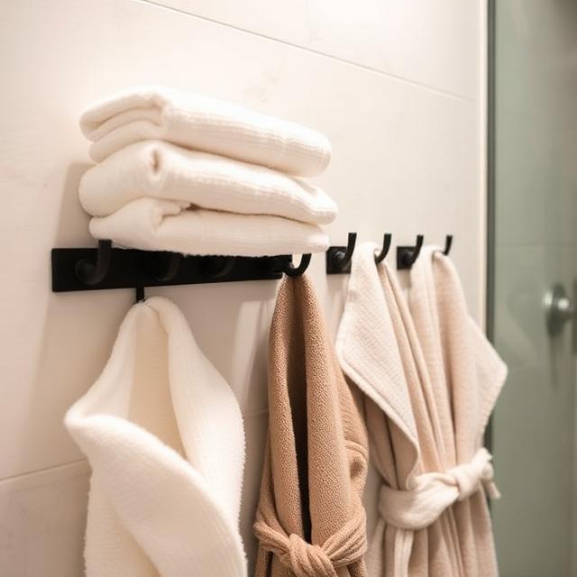 Bathroom wall with black hooks holding neatly folded towels and robes, modern minimalist décor, bright lighting.