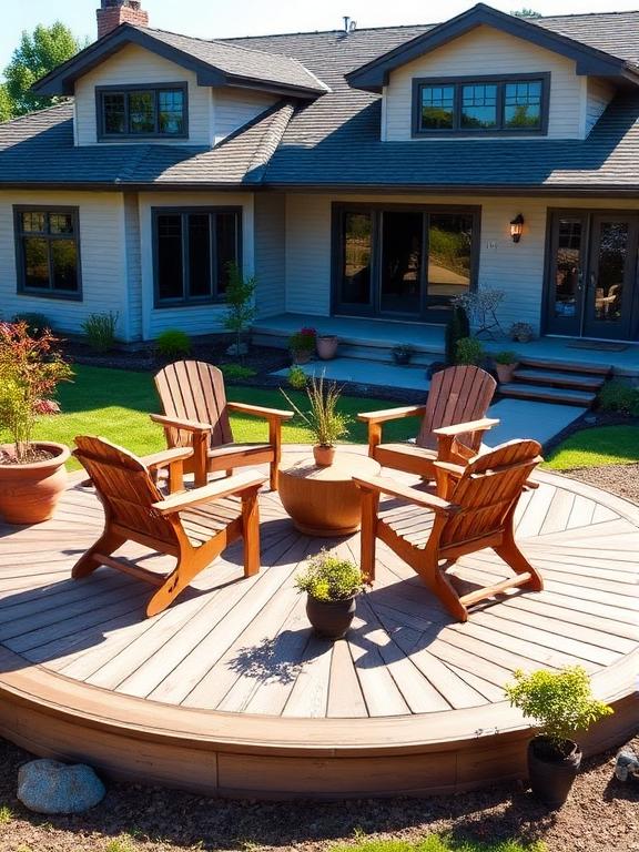 "Circular wooden deck in front yard with four chairs, potted plants around, soft lighting, modern suburban home background, sunny day