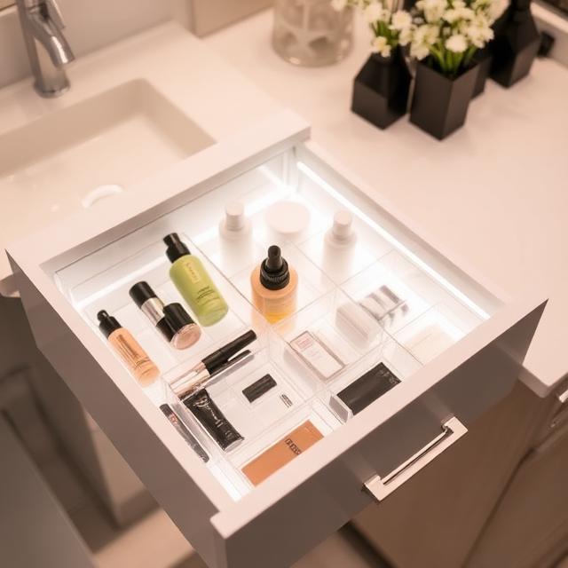 Bathroom vanity drawer with acrylic organizers separating makeup and skincare products, clean and bright setup.