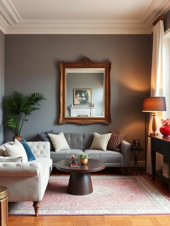 Living room with vintage mirror, retro lamp, modern sofa, cozy and stylish blend of old and new