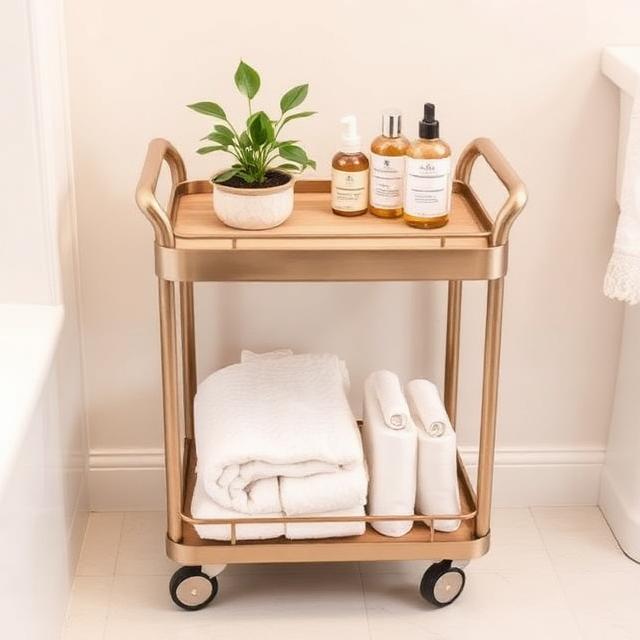 Compact rolling bathroom cart with towels, skincare products, and a small plant, organized and mobile.