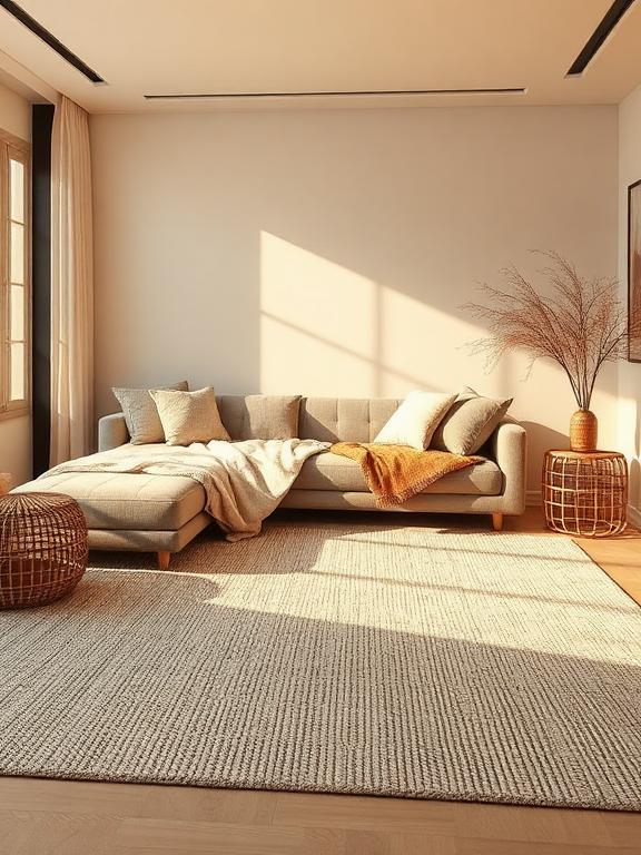 Modern living room with textured neutral rug, curved sofa, layered textiles, warm sunlight, Japandi style, luxury home interior photography.