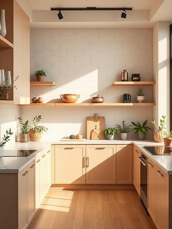 Modern Japandi kitchen with neutral cabinetry, open wooden shelves, decorative jars, indoor plants, warm daylight, luxury aesthetic.