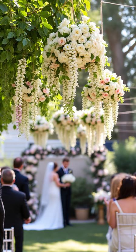  Backyard wedding with hanging floral arrangements, lush greenery, pastel flowers, soft sunlight, romantic outdoor celebration