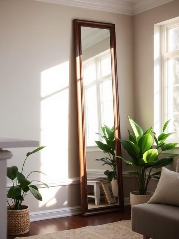 22 Mirror Wall Decor Ideas for Living Room Tall full-length mirror leaning against wall near window, modern cozy living room, indoor plants, natural sunlight, lifestyle interior photography.