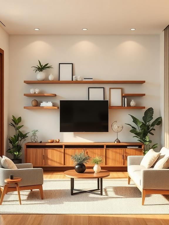Modern Japandi living room with floating wooden wall shelves, minimal decor objects, plants, neutral furniture, warm daylight