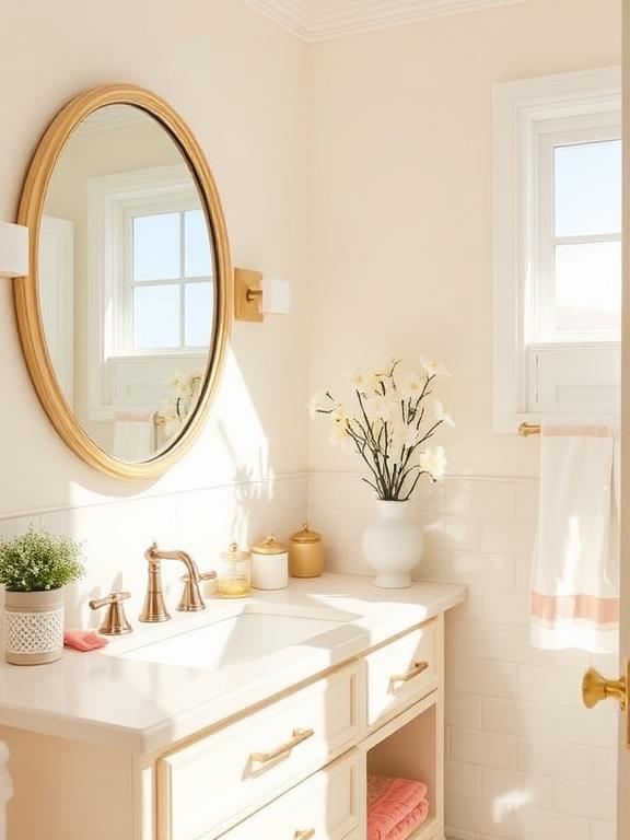 Bright bathroom with pastel accessories, clean countertop, spring vibe