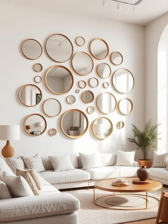22 Mirror Wall Decor Ideas for Living Room Cluster of round mirrors in various sizes on a white wall, adding visual interest to a cozy modern living room.